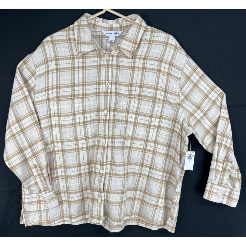 NWT New Old Navy Women's XL Relaxed Boyfriend Shirt Long Sleeve Tan Plaid Cotton